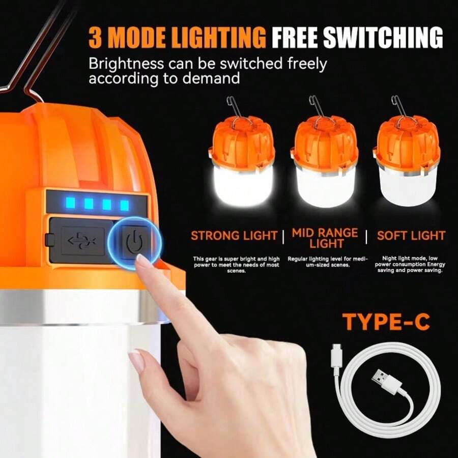 1/2PCS Rechargeable Camping Light Set USB-Charging Portable Flashlight Tent Light With Metal Hook 3 Modes With Battery Level Indicator Ideal For Outdoor Activities, Camping, Fishing, And Emergency Situations - Multicolor - View 1