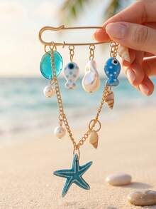 1pc Ocean Vacation Style Bohemian Brooch, Ceramic Little Fish, Acrylic Starfish Pendant, Faux Pearl With Shell Pendant, Multi-Purpose Brooch Pin For Women - Multicolor - View 6