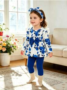 2 piezas Conjunto de top de manga larga con estampado de rosas y volantes, y pantalones informales para niñas bebé, casual de primavera/otoño - Celeste - Ver 2