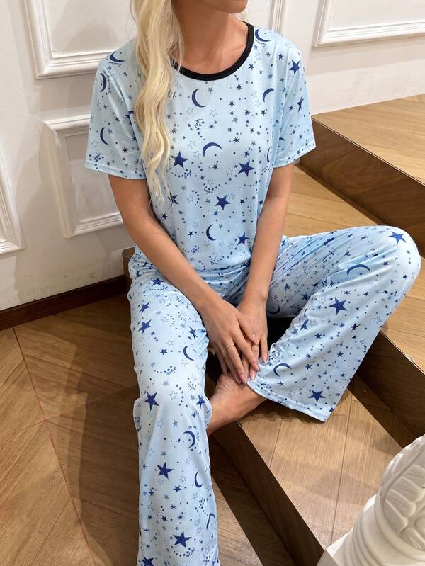 Women's Pajama Set, Star & Moon Print Fashionable Comfortable Casual Short Sleeve Long Pants Sleepwear