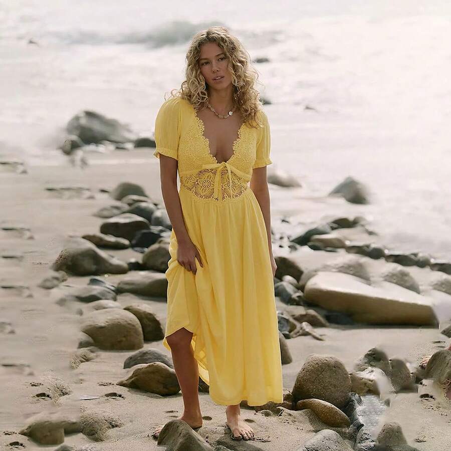 Summer French Retro Lace Patchwork Backless Lace-Up Long Dress With V-Neck And Irregular Hem, Slimming Dress. Breathable And Comfortable - Yellow - View 1