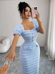 Nuevo vestido midi elegante y versátil de punto texturizado con cuello cuadrado y mangas cortas para mujeres - Azul - Ver 8