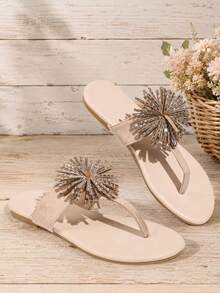 Women's Rhinestone Slingback Flip Flop Summer Thong Flat Sandals - Beige - View 7
