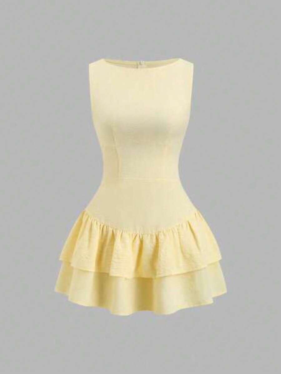 Sweetro Vestido mini de línea A con doble capa de volantes, elegante, romántico, juguetón, lindo, bohemio, adecuado para festivales de música, - Amarillo claro - Ver 1