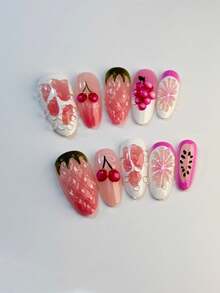 10pcs Kuku Palsu Motif Buah Musim Panas, Bentuk Almond Sedang, Pola Stroberi, Ceri, dan Anggur 3D, Warna Pink Cerah, Penutup Penuh, Dapat Digunakan Kembali, Ujung Kuku Perekat untuk Wanita - MultiWarna - View 7