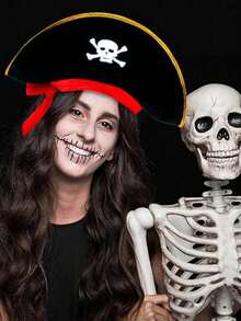 2pcs Halloween Pirate Hat + Pirate Eye Patch - Skull Print Pirate Captain Costume Hat, Pirate Accessories, Party Hat, Costume Party, Role Play Funny Captain Hat Valentine's Day Gift - A - View 3