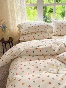 Juego de ropa de cama de 3 piezas con patrón de corazones de colores, 2 fundas de almohada + 1 juego de edredón (no incluye sábana y relleno) - Multicolor - Ver 9