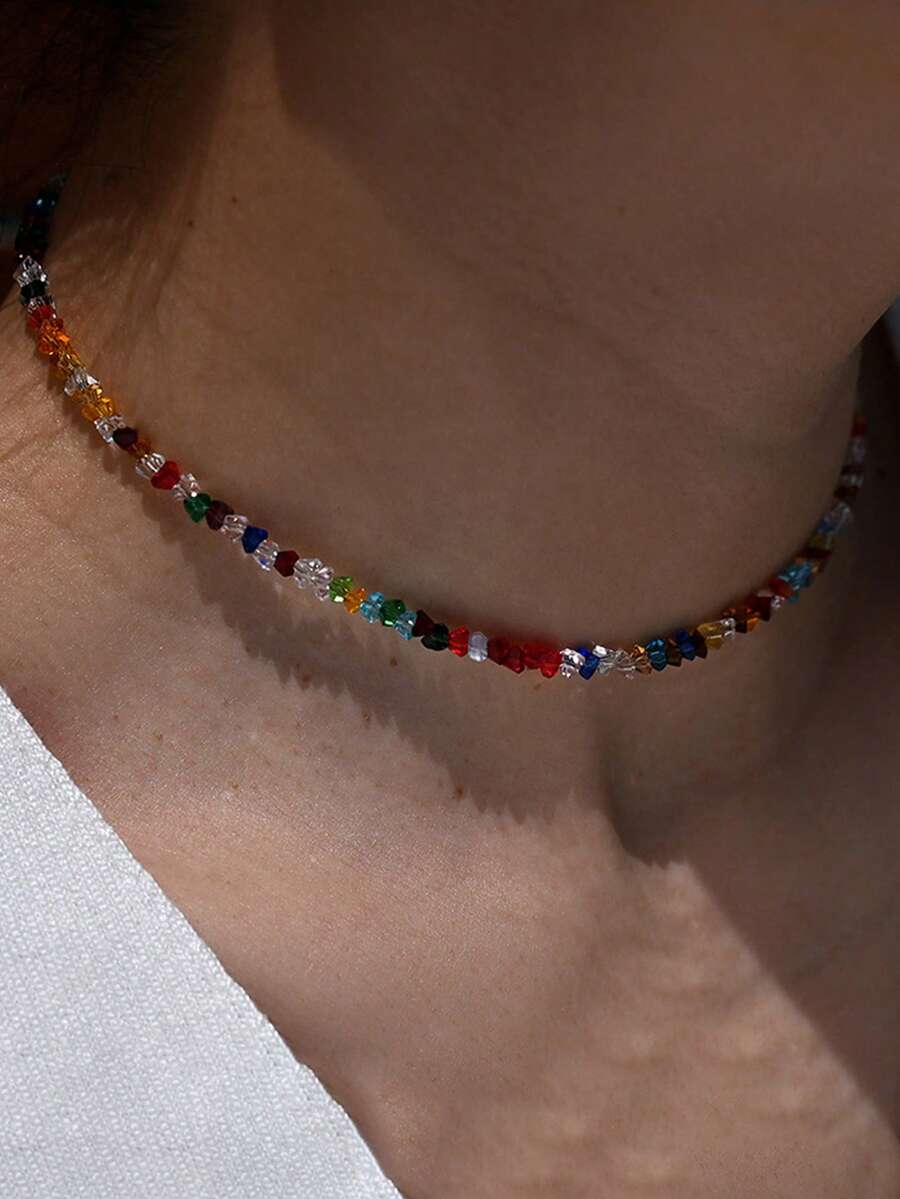1pc Fashionable Colorful Triangle Geometric Pattern Crystal Collarbone Necklace, Minimalist & Unique, Suitable For Women's Daily Wear, Party, Gathering, Vacation And Travel - Multicolor - View 1