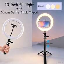 10 Inch Dimmable LED Ring Light With 60cm Selfie Stick Tripod, Adjustable 3 Color Temperatures, Universal For Live Streaming, Makeup, Photography - 10-inch Fill Light + 60cm Selfie Stick Tripod - View 1