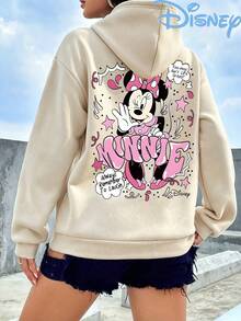 Disney Minnie Mouse Back Graphic Hoodie Women Beige Oversized Hooded Sweatshirt Y2K Streetwear Casual Slouchy Pullover Top - 杏色 - 查看 2