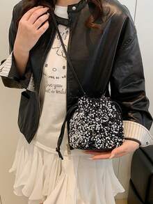 Women's Drawstring Mini Crossbody Bucket Bag, Quilted Pattern, Daily Outdoor Use - Silver - View 4