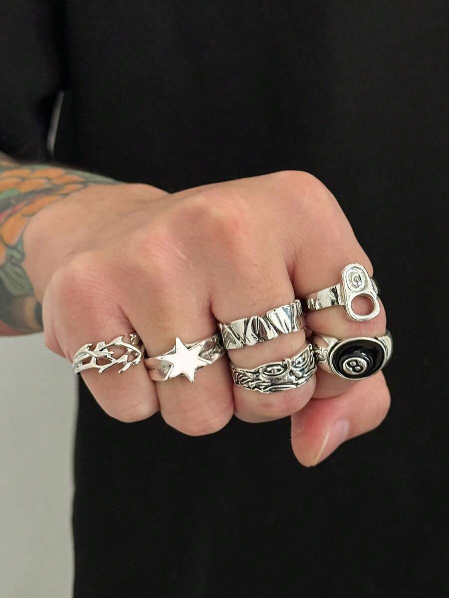 Set 6 buah cincin bergaya street punk modis dengan motif bintang dan geometris untuk pria, cocok untuk pemakaian kasual sehari-hari. - Antique Silver - View 1
