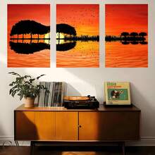 3 Panel Guitar Tree Lake Sunset Posters Wall Arts Posters Home Decor Posters Paintings Modern Living Room Bedroom Decoration Optional Framework - Multicolor - View 3