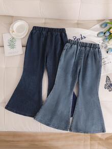 2pcs/Set Girls Toddler Casual Style 3D Bow Soft Comfortable Denim Flare Pants Suitable For Outdoor Wear Spring/Summer - Blue - View 3