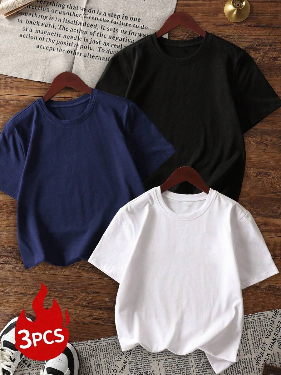 Set Of 3 Women's Short-Sleeved, Crew-Neck T-Shirts In  Solid Colors, Suitable For Everyday Wear. Includes A White T-Shirt, A Black T-Shirt, And A Pink T-Shirt. - 多色 3 - 查看 1