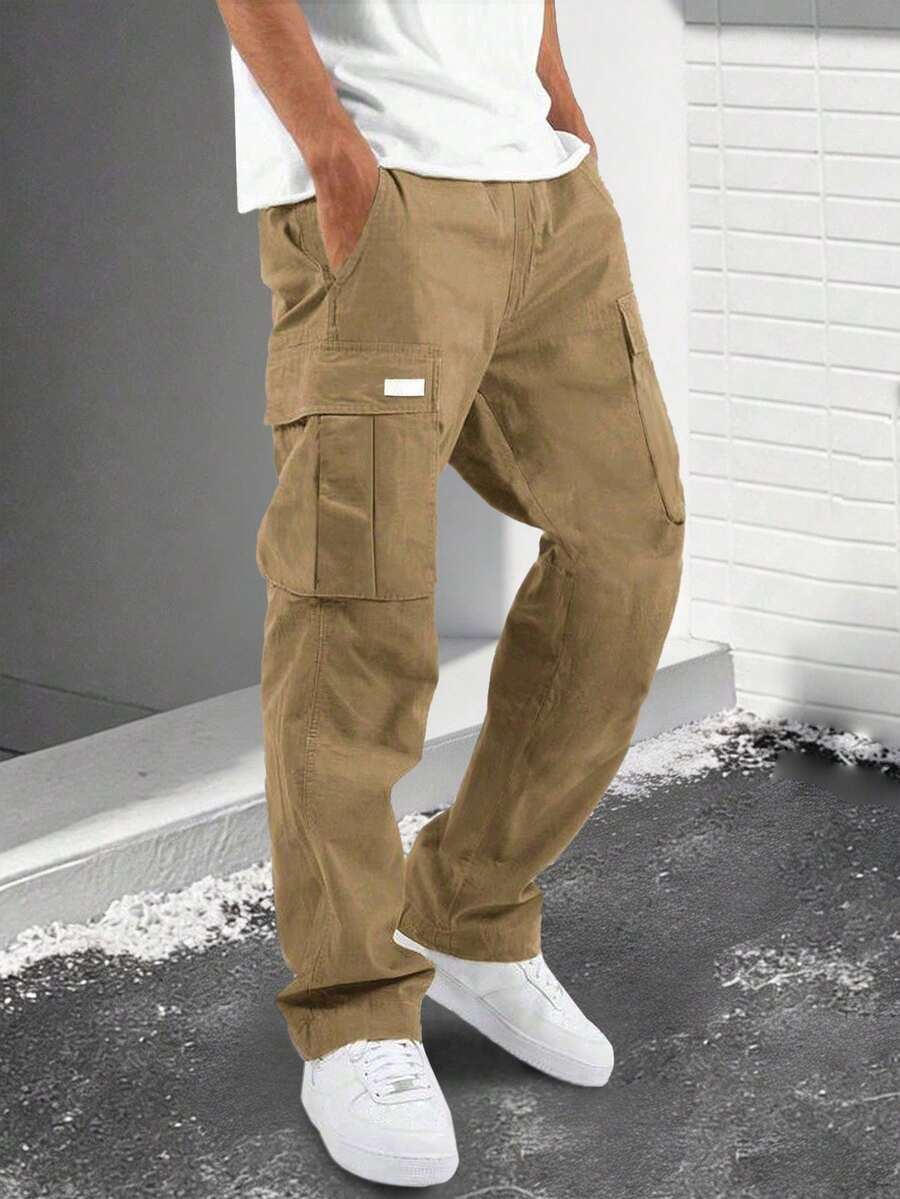 1pc Tween Boys' Solid Color Casual Versatile Straight Leg Cargo Pants, Suitable For Commuting, School, Daily Casual, Travel, Sports, Spring/Summer/Autumn/Winter - Khaki - View 1