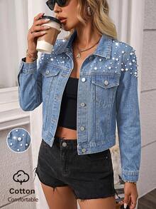 Women's Retro Cotton Studded Denim Jacket Casual - Light Wash - View 1