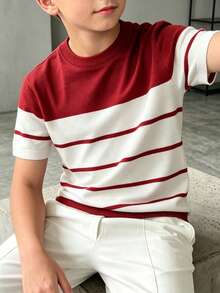 Teen Boys Classic Burgundy And White Striped All-Match Knit Top, Casual Short Sleeve Knit Pullover, Suitable For Everyday Versatile Style - Multicolor - View 2