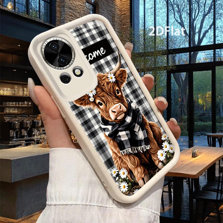 Funda para teléfono - Funda para teléfono 2D plana con diseño de ternera linda con bufanda de flores y fondo a cuadros para Nova 5I Pro Nova 5Z Nova 7I Nova 9 SE Nova 10 Nova 10 SE Nova 11 Nova 11 SE Nova12 Nova Y70 Plus Nova 5T Tianyan Ladder Nueva funda para teléfono - (Un color) 1 unidad por paquete - Ver 1
