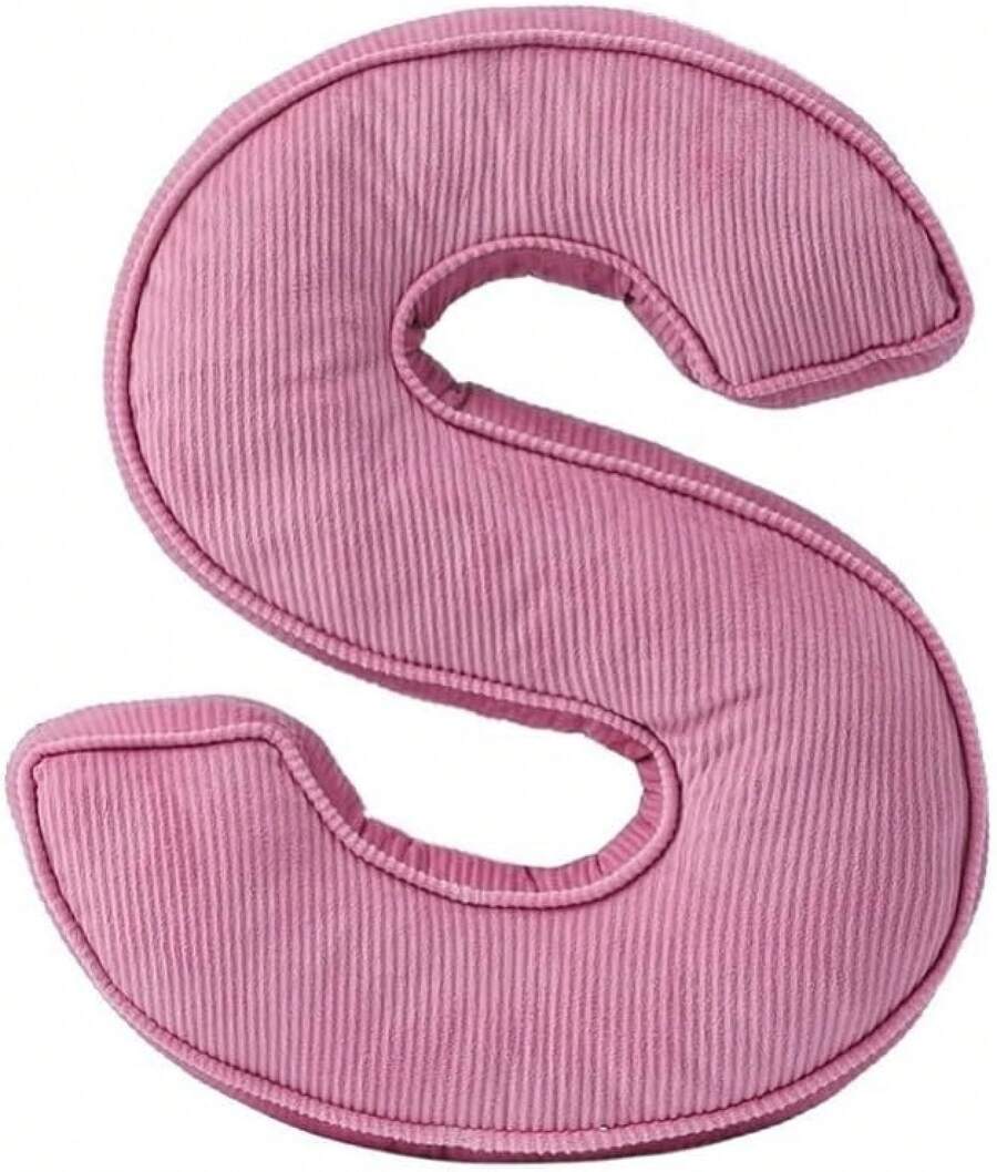 Almohada de felpa con letra rosa, almohadas decorativas con forma de letra inicial de pana, almohadas de letras del alfabeto inglés de la A a la Z para decoración de sofá, recámara, sala de estar (S) - E - Ver 1