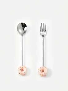 2pcs Stainless Steel Donut Spoon & Fork Set Dessert Spoon Coffee Spoon Fruit Fork Tableware - Multicolor - View 12