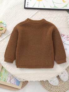 女童針織毛衣，精緻「Big Sister」英文刺繡搭配白色花卉圖案，柔軟可愛 - 咖啡棕 - 查看 8