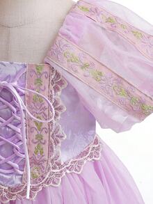 女嬰女童薰衣草花卉刺繡繫帶泡泡袖薄紗公主洋裝 Rapunzel 女孩禮服，適合生日派對、晚宴、舞會、表演演出服裝、節日慶典、花童婚禮禮服 - 淡紫色 - 查看 7