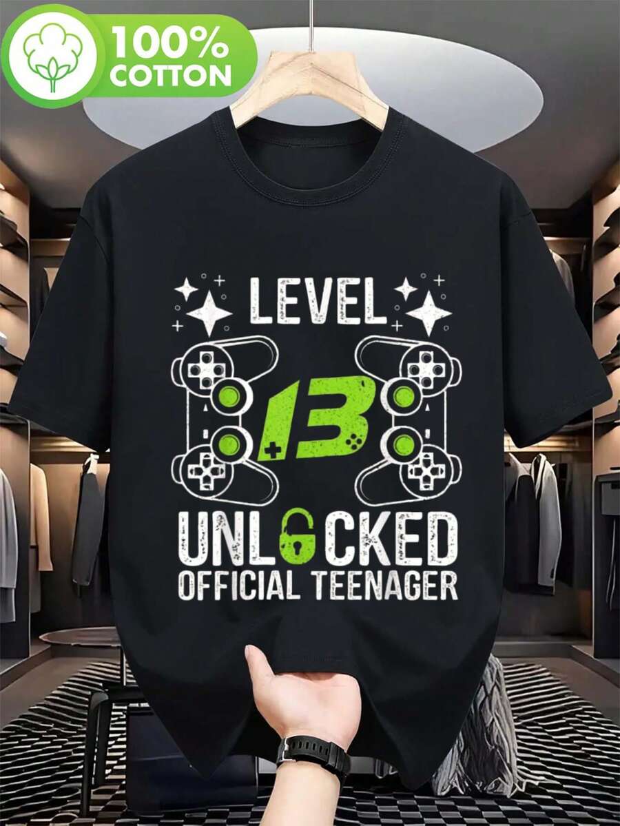 Birthday T Shirt,With13Unlock Game Patterns,Fun Achievement Pattern,Youth Short Sleeve,High-Neck Design,With A Green Icon. - Black - View 1