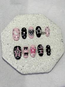 10pcs Y2K Hot Girl Nail Art Black & Pink Contrast Bow, Star, Wing, Cross, Heart, Rhinestone, Pearl, Polka Dot Decor Removable Nail Stickers (1 Sheet Jelly Stickers + 1 Nail File) Nails Handmade Press On Nails - Multicolor - View 13