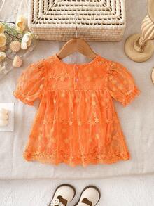 女嬰刺繡短袖網紗連身裙，夏季款 - 橘色 - 查看 2