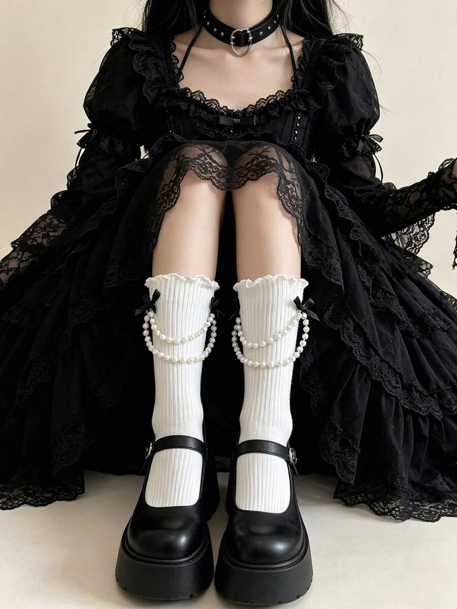 1 Pair Women's Pearl Chain Bow Ruffle Mid-Calf Socks, Cute Ruffle Ribbed Mid-Calf Socks With Pearl Beads & Bow, Sweet Lolita JK Style - Multicolor - View 1