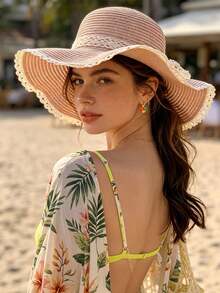 1pc Women's Straw Hat, Bohemian Polyester Fiber Fashion Outdoor New Style, Wide Brim Personalized Sun Protection Breathable Straw Hat, Suitable For Daily Outdoor Use - MZ923 - View 3