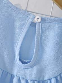 Gaun Pesta Musim Panas Anak Perempuan yang Sederhana, Elegan, Modis, Berkerah Bulat, Lengan Bergelombang, Warna Biru Polos, Motif Bunga 3D - Baby Blue - View 5