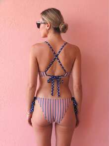 August vacation Bikini de dos piezas para mujer de moda de verano con estampado de rayas de colores, sexy, estampado aleatorio, traje de baño para playa y vacaciones - Negro - Ver 2