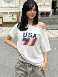 美式Y2K辣妹風美國國旗印花大圓領不對稱單肩短袖針織T恤，微彈修身合身上衣，日愛國節日旅行拍照百搭女裝 - 白色 - 查看 5