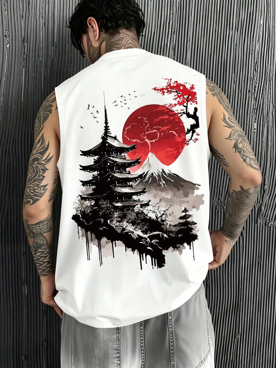 男士夏季時尚百搭休閒風景紅梅多圖案圓領背心 - 白色 - 查看 1