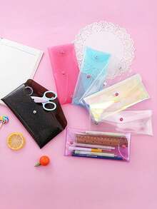 1PC Shiny Transparent Button Pencil Case | Holographic Transparent PVC Storage Bag, Stationery Pouch, Back To School Season - Multicolor - View 8