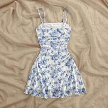 Vestido de tirantes con estampado floral de verano, vestido midi sexy con tirantes finos que estiliza la cintura, atuendo informal para vacaciones en la playa para mujer. - Azul - Ver 5