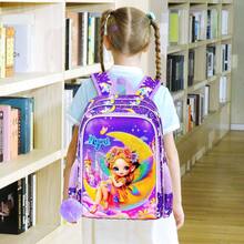 3pcs Girls Fairy Moon Castle Butterfly Glitter Pom-Pom Keychain Adjustable Straps Zipper Closure Cute Backpack Set For School & Daily Travel - Purple - View 6