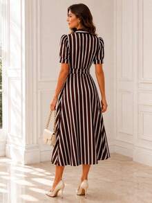 Women's Midi Shirt Dress With Front Buttons And Belt - Elegant Wedding Casual Fashion - 鏽棕色 - 查看 2