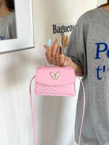 Mini Small Bag V-Shaped Embossed Solid Color PU Ruffled Edge Bow Handbag Flap Crossbody Women's Bag - Pink - View 6