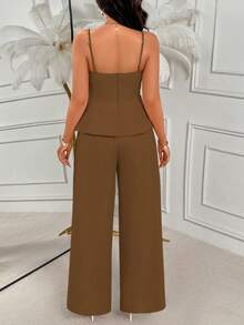 AIJ Amarilo Women's Coffee Brown 2-Piece Set, Elegant Spaghetti Strap A-Line Waist Ruffle Top & Wide Leg Pants - Summer - Coffee Brown - View 2