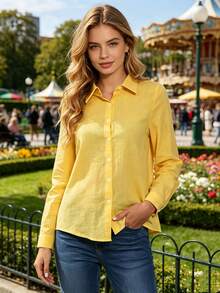 Women's Cotton Linen Blouse With Long Sleeves, Plus Size - Yellow 1 - View 2