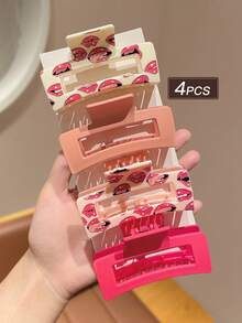 4Pcs Sexy Red Lip Print + Pure Pink Claw Clips, Large Size Claw Clips, Elegant Glossy Non-Slip Hair Clips, Strong Hold Suitable For Thick Hair, Perfect For Girls Daily / Commute / Party / Casual Updo Hairstyles, Beach Accessories, Beach Hair Accessories, Girls Hair Clips, Women Hair Accessories, Gift Recommendation - Multicolor - View 7