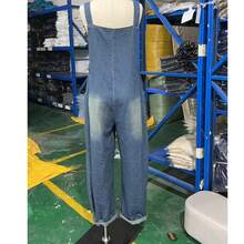 Casual Women's Low Cut Neck Denim Jumpsuit, Long Overall With Front Buttons And Large Pockets, Loose Fit Sleeveless Style - Light Blue - View 11