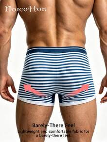 Norcotton 2pcs Men's Mid-Waist Red Trim Striped Boxer Briefs, Men's Underwear - Blue - View 2