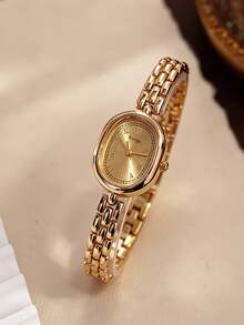 2pcs Fashion Minimalist Classic Women's Quartz Watch, Versatile Oval Roman Numeral Dial, With Chain Steel Bracelet, Paired With Luxury Rhinestone Bracelet Set, Perfect Gift Set For Women - Gold - View 2