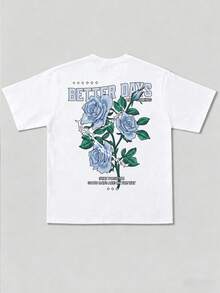 1packWomen's Oversized Double-Sided Print T-Shirt, Blue Rose Embroidery Floral Slogan Letter Pattern T-Shirt, Y2K Soft Grunge Aesthetic Vintage Street Style Positive Quote Top, Soft Fabric, - 白色 - 查看 3
