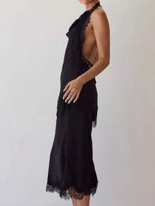 2 Piece Outfit Satin Halter Midi Slip Dress Matching Shrug Eyelash Lace Trim Open Back Cowl Neck Party Evening Set - Black - View 5