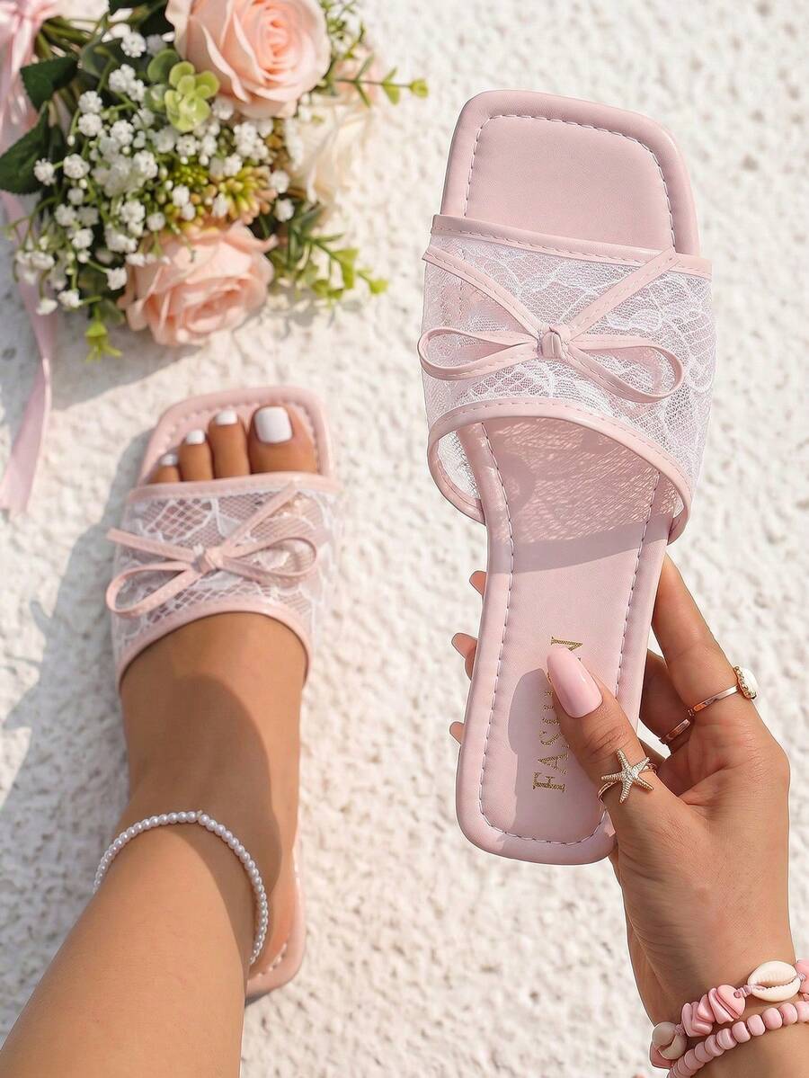planare Nuevas sandalias planas de mujer de moda para verano, elegantes, con contraste de encaje y malla, decoración de lazo, sin cordones, punta cuadrada y abierta, color rosa claro, sandal - Rosa Pálido - Ver 1